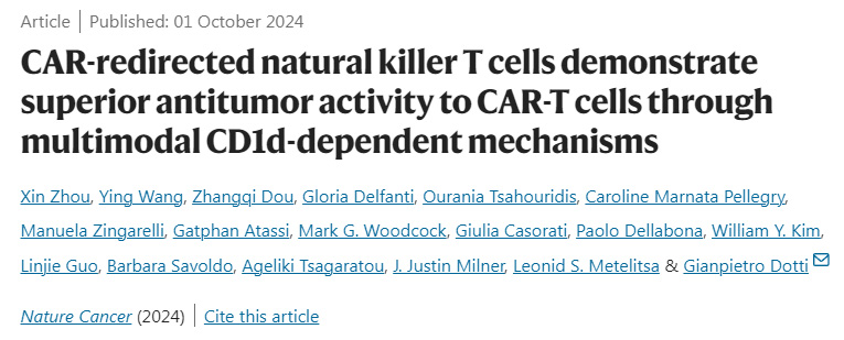 
CAR重定向的自然殺傷T細胞通過多模式CD1d依賴機制顯示出優(yōu)于CAR-T細胞的抗腫瘤活性